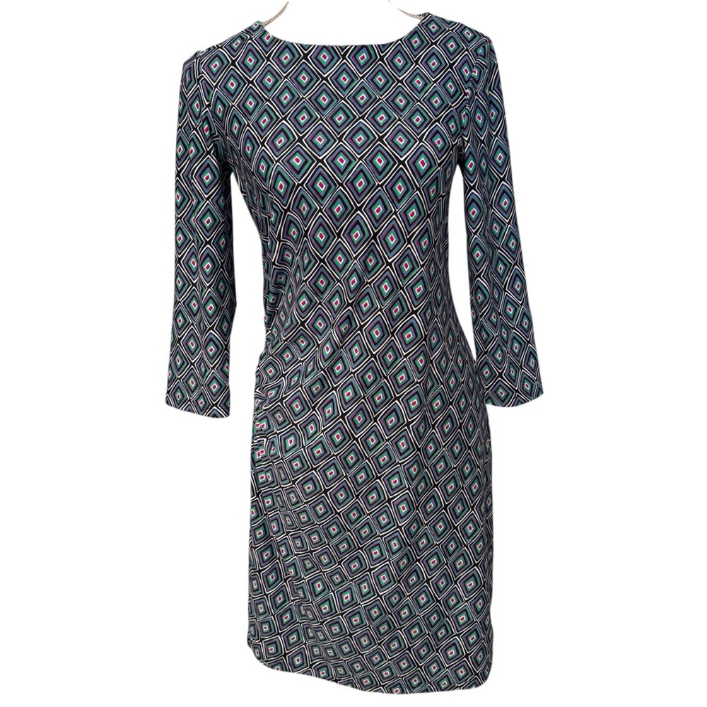 JUDE CONNALLY DRESS SHEATH BLACK WHITE DIAMOND PRINT 3/4 SLEEVE Size S